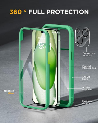 Miracase Glass Series Designed for iPhone 15 Plus Case 6.7',Full-Body Military Drop Proof 15 Plus Phone Case Cover with Built-in 9H Tempered Glass Screen Protector,Green