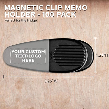 100 Magnetic Memo Holders Set - Customizable Text, Logo - Large Clip, Plastic - Silver Black