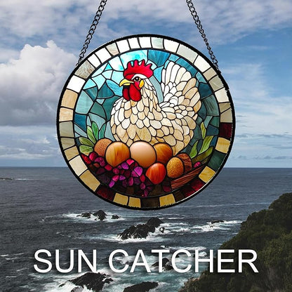 DASTOLL Stained Glass Window Hanging White Chicken Hatching Eggs Large 11.8" - Suncatcher Door Garden Sunroom Sun Catcher Home Decor Birthday Christmas for Mom Men Woman Nana