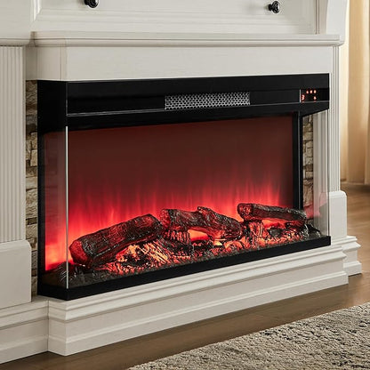 OKD 52 Inch Electric Fireplace with Mantel, Fireplace TV Stand with 36" 3-Sided Glass Electric Fireplace Heater for Living Room (Antique White)