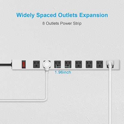 JUNNUJ Metal 8 Outlet Power Strip, Mountable Heavy Duty Power Strip, 1200J Surge Protector Wall Mount Screws Outlet with Switch, Gaming Desk Strips Wide Spaced 15A 125V 1875W, 3 FT 14AWG Power Cord
