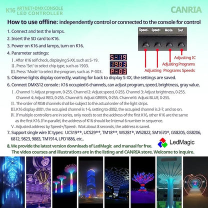 CANRIA K16 ARTNET+DMX CONSOLE LED CONTROLLER, Professional Lighting Control, Suitable for SPI TTL, Online Offline, Addressable Programmable, Perfect for Concerts, DJ Performances, Weddings, Event, etc
