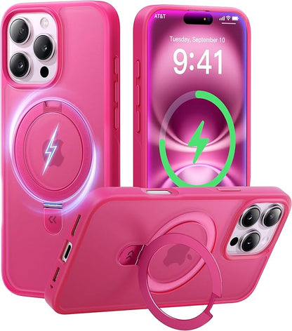 CASEKOO Designed for iPhone 14 Pro Max Case with Magnetic Invisible Stand [Military Drop Protection] [Compatible with MagSafe] Shockproof Slim Translucent Matte Promax Case 6.7 Inch, Hot Pink