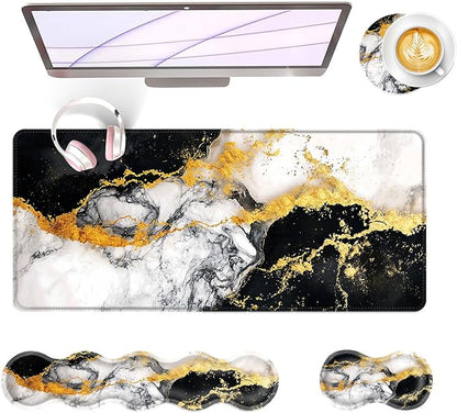 BFUKVOU Large Keyboard Mouse Pad Set, Extended Mouse Pad+Keyboard Wrist Rest Support, Memory Foam Ergonomic Easy Typing, 4Pcs (31.5×11.8 in) Desk Pad Set for Office Home,Black and White Gold Marble