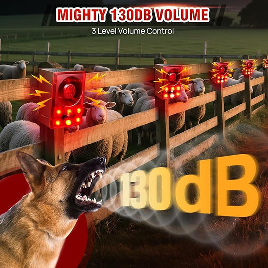 Solar Outdoor Motion Sensor Alarm, Dog Barking&Gunshot Sound,130db Loud Noise Maker,Support Recording,13 Kinds of Sound and Strobe Light to Deter Raccoons, Deer, Skunks, Bears, and Coyotes