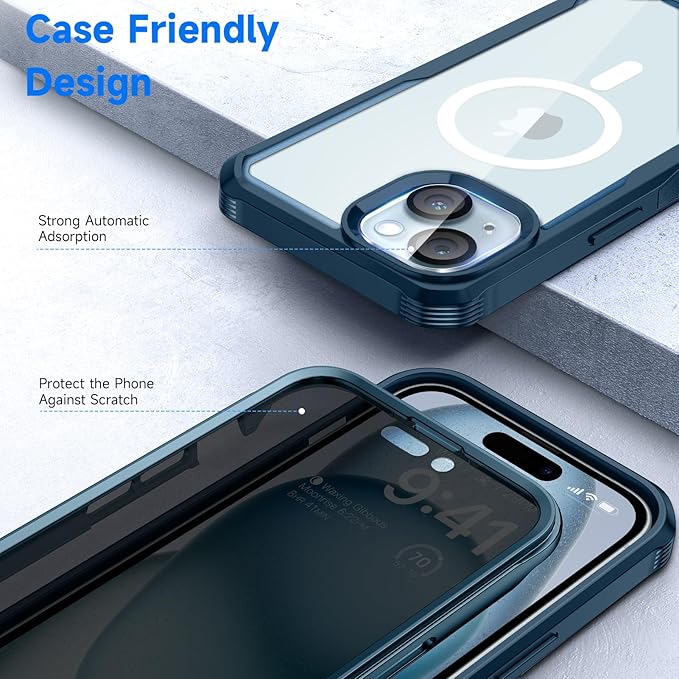 seacosmo for iPhone 15 Case, Full Body Bumper with Built-in 9H Tempered Glass Privacy Screen Protector and Camera Lens Protector, Compatible with MagSafe, Shockproof Phone Cover, 6.1", Blue