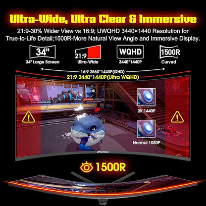 SANSUI 34 Inch 240Hz Ultrawide Curved Gaming Monitor UWQHD 3440×1440, 21:9 2K Curved Monitor 1500R,HDR400,Fast VA, PIP/PBP,AI Crosshair,AIPQ(Visual Enhance),MPRT 1ms,HDMI2.1*2,DP1.4*2(DP Cable Incl.)