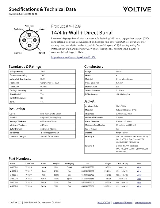 Voltive 14/4 Speaker Wire, in-Wall CL3 & Direct Burial, Black, 500ft - 14AWG, 4 Conductors, Stranded Oxygen-Free Copper, UL Listed - V-1209-5