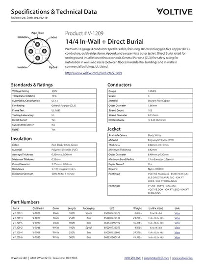 Voltive 14/4 Speaker Wire, in-Wall CL3 & Direct Burial, Black, 100ft - 14AWG, 4 Conductors, Stranded Oxygen-Free Copper, UL Listed - V-1209-1