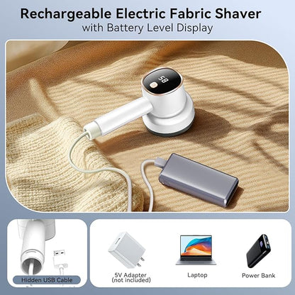 Smyeviva Rechargeable Fabric Shaver for Clothes: 6-Leaf Blades & 3 Speeds to Remove Pilling, Fuzz & Lint Balls - with LED Display, Portable Electric Lint Remover for Sweater, Couch, Blanket, Furniture