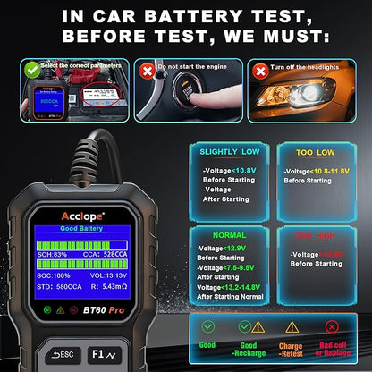 Acclope BT60 Pro Car Battery Tester, Digital Analyzer with Cloud Printing, 6V/12V/24V Battery Checker for AGM, Lithium, Gel Batteries, 100-3000 CCA Range, Automotive Charging System