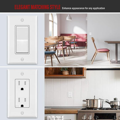 ENERLITES Decorator Switch Metal Wall Plate, Outlet Cover, Corrosion Resistant, Standard Size 1-Gang 4.50" x 2.76", Powder Coated Stamped Steel, 7731-WM, White Matte