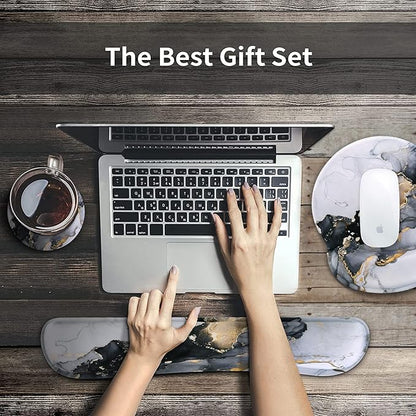 iCasso Desk Mat, Gaming Mouse Pad Wrist Support Set,4in1 XXL Large Mousepad + Keyboard Wrist Rest+Mouse Wrist Rest+Coaster Set with Ergonomic Design for Home Office Table Computer-Grey Ink Marble