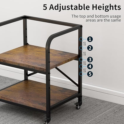 Vokumba 2 Tier Under Desk Printer Stand, Large Printer Table with Height Adjustable Shelf, Rolling Printer Cart with Industrial Wheels for Home Office, Scanner Fax (Rustic Brown)