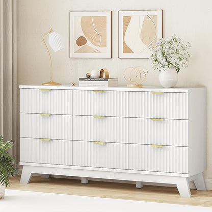 Xixini Fluted Dresser for Bedroom with 9 Drawers, 57" Wide Modern Chest of Drawers with Metal Handle, Wooden Dresser TV Stand, Wood Closet Clothes Storage Organizer for Living Room, Hallway, White