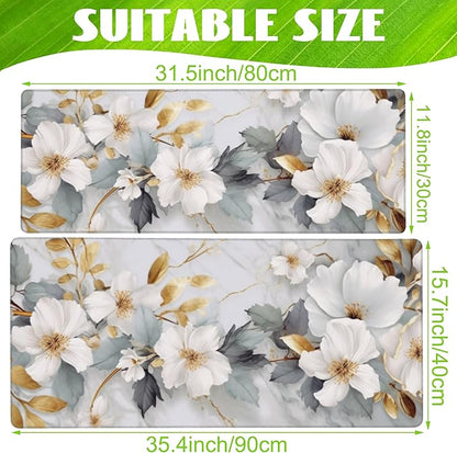 Eflxamz Desk Mat,White Gold Marble Desk Pad,White Flowers Golden Leaves Large Gaming Mouse Pad for Desk,Extended Big Computer Keyboard Mouse Pad with Non-Slip Base and Stitched Edge,35.4"x15.7"
