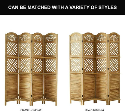 Svimi Room Divider with Shelves, 68.9inch Wood Carved and Louvered Wall Divider Freestanding, 4 Panels Folding Partition Screen for Bedroom Home Office (Natural)