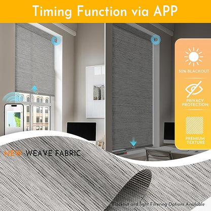 Persilux Smart Motorized Blinds with Remote, No Drill Automatic Roller Shades for Indoor Windows, Light Filtering Linen Fabric, Electric Blinds for Windows, Weave Blend Smoke C162-7, Custom Size