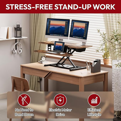 SANODESK Standing Desk Converter with Electric Motor 42" Height Adjustable Riser for Office Home,Dual Monitor and Laptop Workstation with Large Keyboard Tray, Rustic Color