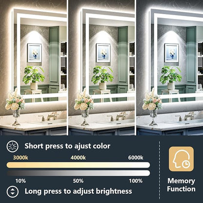 YEELAIT 24x30 Inch LED Bathroom Mirror with Lights Front and Backlit Lighted Vanity Mirror for Bathroom Wall with 3 Colors Dimmable Anti-Fog Memory Shatter-Proof IP54 Waterproof Horizontal/Vertical