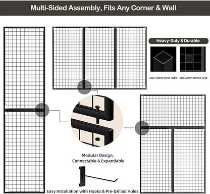 ztysn 3pcs Grid Wall Panels Display Stand -Wire Grid Hanging Rack with 30 Hooks, Freely Assembled Art Display Panels/Workshop Wall Mount Storage Rack Garage Organization