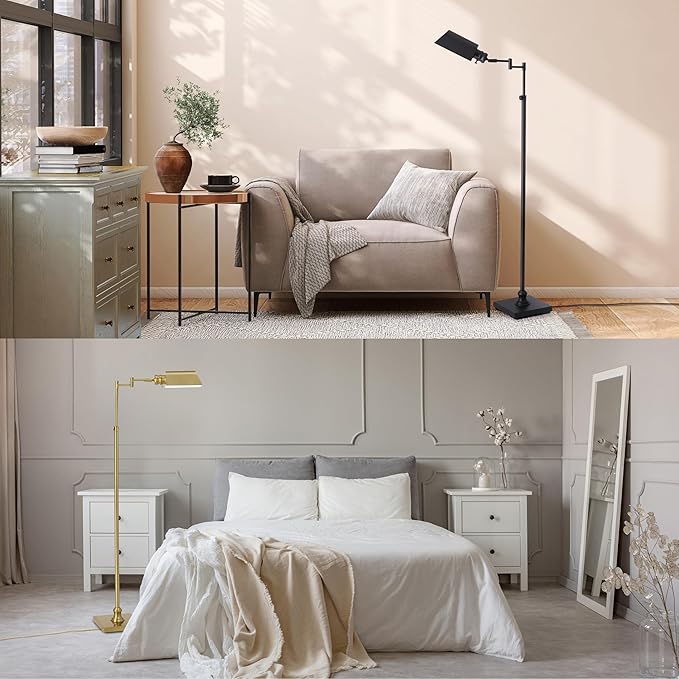 O’Bright Arcadia - Pharmacy Floor Lamp, Full Range Dimming, Swing Arm Task Lamp, E26 Socket, Bulb Replaceable, Adjustable Height 47” to 55”, 360° Rotatable Shade, All-Metal Design, Black