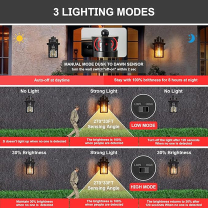 2 pack Porch Lights with GFCI Outlet,Dusk to Dawn Motion Sensor Outdoor Lights,3 Lighting Modes Black Front Door Lights,Waterproof Exterior Light Fixture,Outside Wall lamp for House Patio Garage