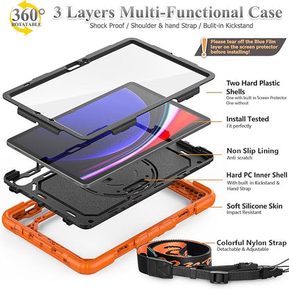 SEYMAC stock Case for Samsung Galaxy Tab S10 FE / S9 / S9 FE 5G Tablet Case Protective with Screen Protector, Pencil Holder, 360 Rotate Stand, Hand Strap, Shoulder Strap, Orange1