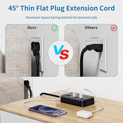 NTONPOWER 6 Widely Spaced Outlet(2 Side) Power Strip with 4 USB Ports, Extension Cord 15 Ft