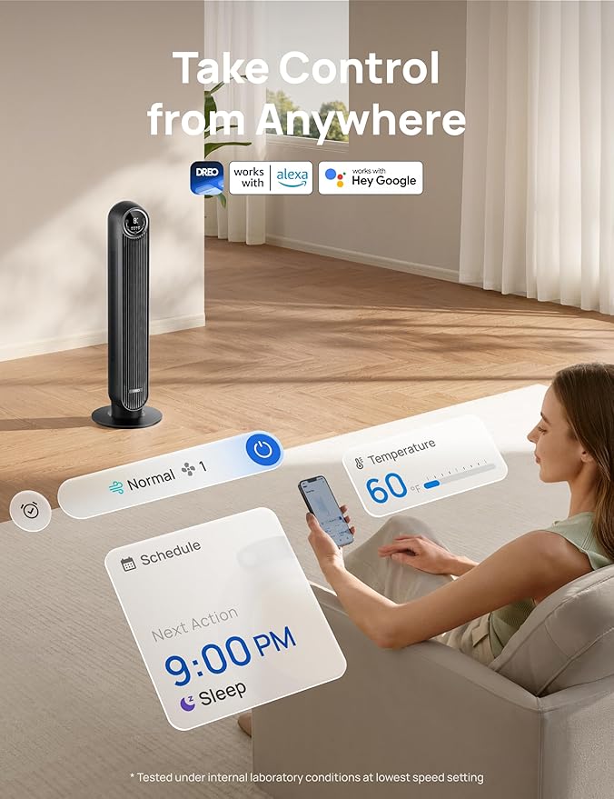 Dreo Tower Fan for Bedroom, Smart Oscillating Quiet Floor Fans, Standing Bladeless Fan with Remote and WiFi Voice Control, 4 Modes, 4 Speeds, 8H Timer, 28dB, Works with Alexa/Google