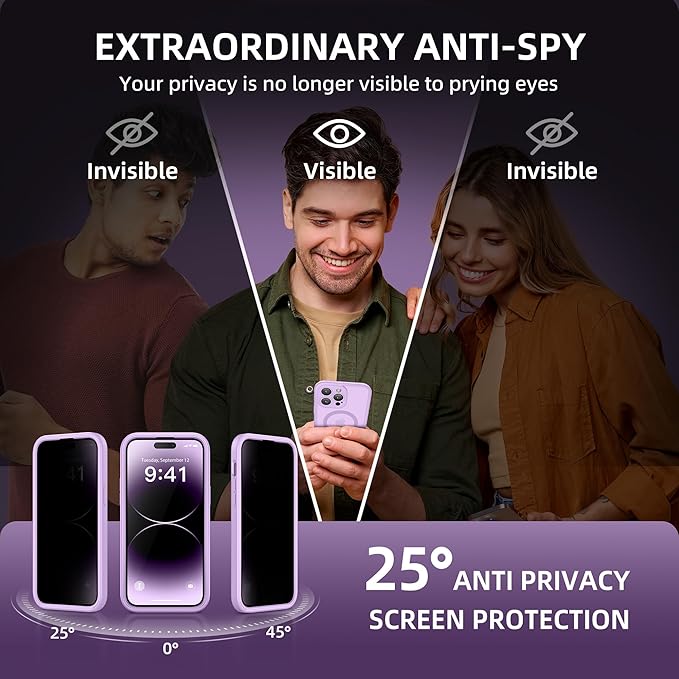 BERFY Magnetic for iPhone 14 Pro Max Case,Compatible with MagSafe,Built-in Privacy Screen Protector and Upgraded Camera Protection,Anti-Spy Full Body Shockproof Phone Case for 14 Pro Max, Light Purple