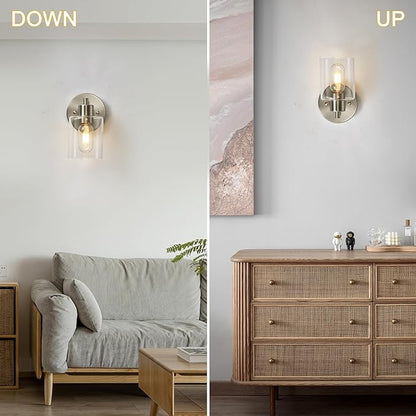 1-Light Bathroom Wall Sconce, Brushed Nickel Vanity Light, Modern Wall Light Fixture with Clear Glass Shade and Moisture and Rust Prevention, Wall Mount Light Fixtures for Mirror, Bedroom, Hallway