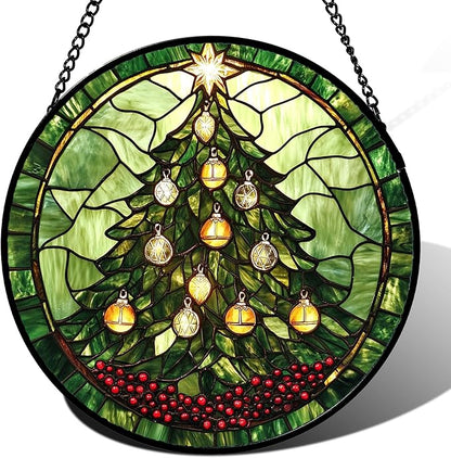 DASTOLL Stained Glass Window Hanging - Green Christmas Tree Golden Bells Suncatcher for Doors Home Christmas Decoration Sun Catcher Thanksgiving New Year Birthday Gift for Women Men Mom Nana 6.3 in