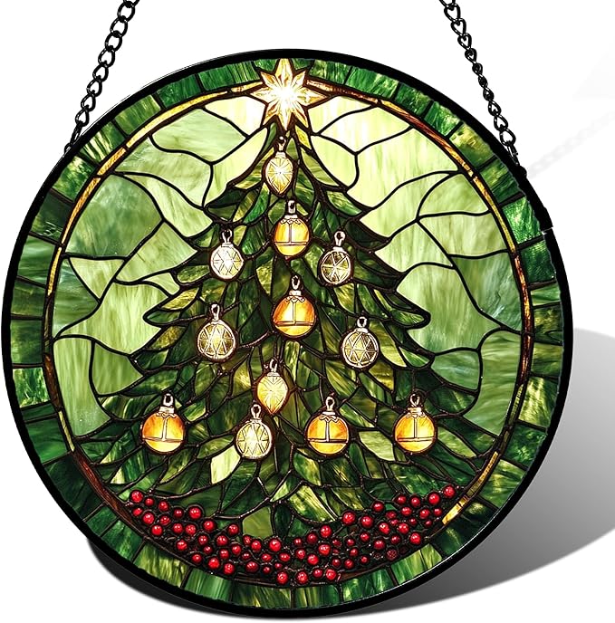 DASTOLL Stained Glass Window Hanging - Green Christmas Tree Golden Bells Suncatcher for Doors Home Christmas Decoration Sun Catcher Thanksgiving New Year Birthday Gift for Women Men Mom Nana 11.8 in