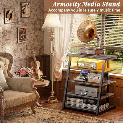 Armocity 5-Tier AV Media Stand with Power Strips, Media Console with LED Lights, Audio Tower Rack with Adjustable Shelves, Stereo Stands and Racks, 40.8'', Grey Oak