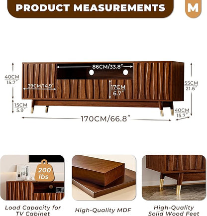 ATJafurn 66‘’ Brown Walnut Finish TV Stand for 48/55/65 Inch TVs, Mid Century Modern Wood Media Console Entertainment Center with 2 Drawers and 2 Cabinets for Living Room Bedroom