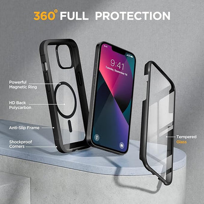 Miracase Glass Series Designed for iPhone 13 Case 6.1 inch, 2023 Upgrade Full-Body Magnetic Clear Bumper Case with Built-in 9H Tempered Glass Screen Protector,Black