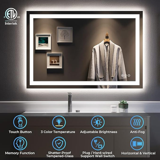 YEELAIT 48x32 Inch LED Bathroom Mirror with Lights Front and Backlit Lighted Vanity Mirror for Bathroom Wall with 3 Colors Dimmable Anti-Fog Memory Shatter-Proof IP54 Waterproof Horizontal/Vertical