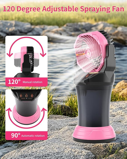 WESTTREE Portable Misting Fan with Large Battery Fan-Rechargeable Outdoor Misting Cooling Fans with 2L Water Tank,RGB Lights,4 Speeds & Spray Modes-for Patio, Camping, Beach, Workshop (Pink)