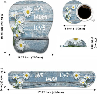 Mouse Pad Wrist Support and Keyboard Wrist Rest Set with Coasters, Dreamy Daisy Vintage Wood Board Live Love Laugh with Non-Slip PU Base Ergonomic Mousepad for Home Office Working Studying