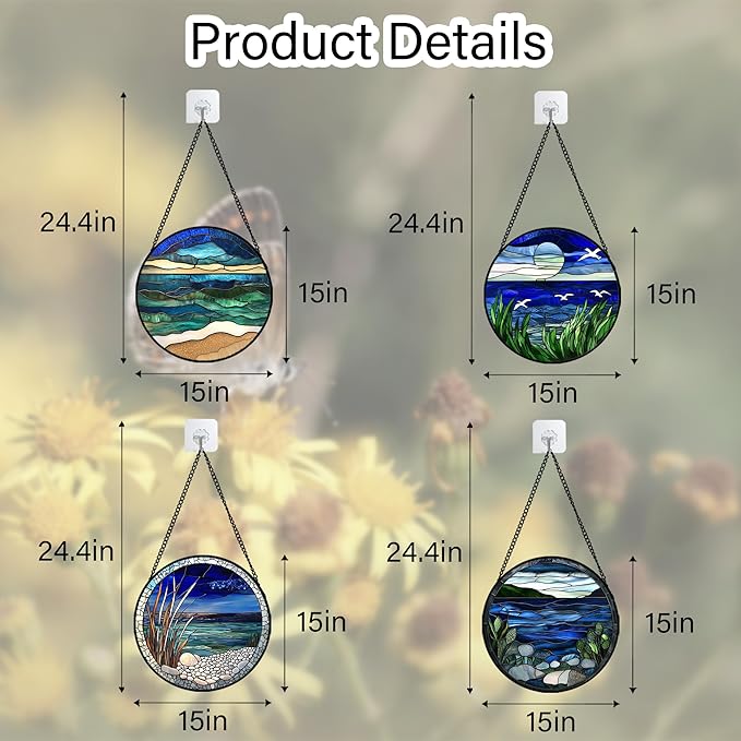 AMDERVEN Stained Glass Window Hanging 4 Pcs Set Navy Blue Ocean Landscape Large 15" - Suncatcher Door Garden Sun Catcher Decor Birthday Mother's Day for Mom Woman Nana Girl Boy Friend