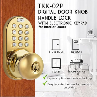 MiLocks TKK-02P Digital Door Knob Handle Lock with Electronic Keypad - Keyless Entry Smart Door Lock with Adjustable Latch Locks, Audible Tones for Interior Front Doors & More, Polished Brass