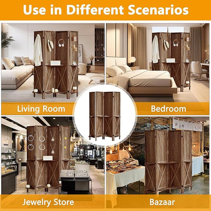 Aleesing 4 Panel Pegboard Display with 16 Hooks, Wooden Pegboard Room Divider Wall with Shelf, Partition Room Dividers and Folding Privacy Screens, Bedroom, Jewelry Store, Brown