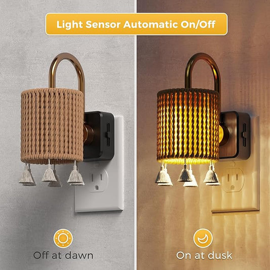 L LOHAS LED Night Lights Plug into Wall, 2 Pack Boho Fabric Cylinder Night Light with Tassel, Dusk to Dawn Sensor, 0-100LM Dimmable Night Lights, Vintage Nightlight for Bedroom, Living Room, Hallway