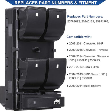 Obaee Driver Side Power Master Window Switch, Compatible with Chevy Silverado/Chevrolet Traverse/HHR/2007-2013 GMC Sierra/Yukon/Buick Enclave Replace OE 20945129 25789692