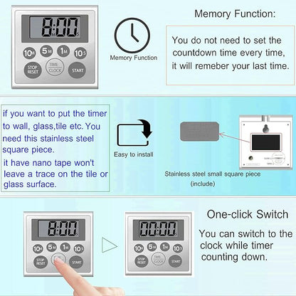 NUOSWEK Digital Timer Waterproof Shower Timer Shower Clock Bathroom Kitchen Timer with Strong Magnet and Large LCD Display (Waterproof 7 Key)