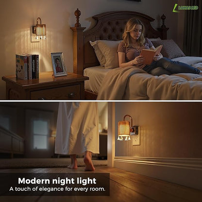 L LOHAS LED Night Lights Plug into Wall, 2 Pack Boho Fabric Cylinder Night Light with Tassel, Dusk to Dawn Sensor, 0-100LM Dimmable Night Lights, Vintage Nightlight for Bedroom, Living Room, Hallway