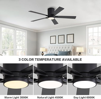 WINGBO 52" DC Flush Mount Ceiling Fan with Lights, 6-Speed Reversible DC Motor, 3CCT, Low Profile Hugger Ceiling Fan for Living Room Bedroom Kitchen, Black Finish and Black/Walnut Blades