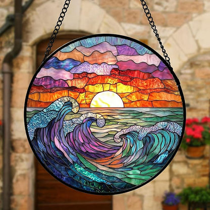 DASTOLL Stained Glass Window Hanging, Clouds and Sea Waves Suncatcher Diamond Glass Panel Hangings Scenery Sun Catchers Decor for Birthday for Women, Men, Wife, Aunt, and Mom 6.3 in