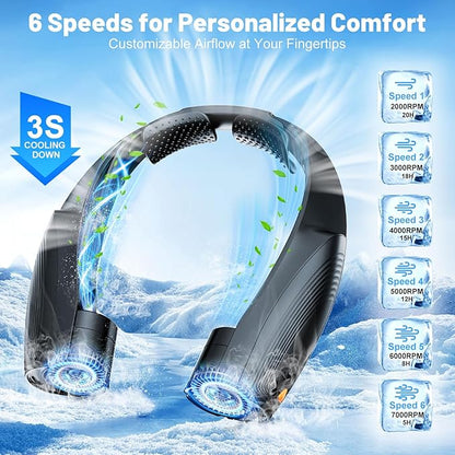 Slientspin Portable Neck Fan with 6 Powerful Speeds, 8000mAh Battery Operated USB-C Rechargeable Fan, Hands-Free 360° Cooling Personal Neck Fan Gift for Women Men Travel Concerts(Black)